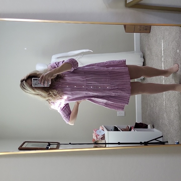 J.Jill Purple Shirt Dress Button Front Linen Stripe Rolled Sleeve Size M - Picture 1 of 14